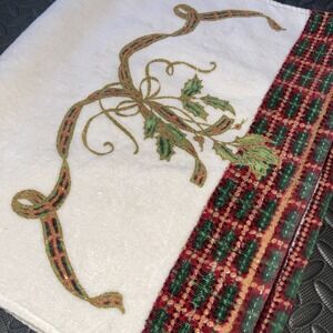 Vintage Lenox Holiday Nouveau Holly & Ribbon Tartan Plaid Hand Towels Set Of 2